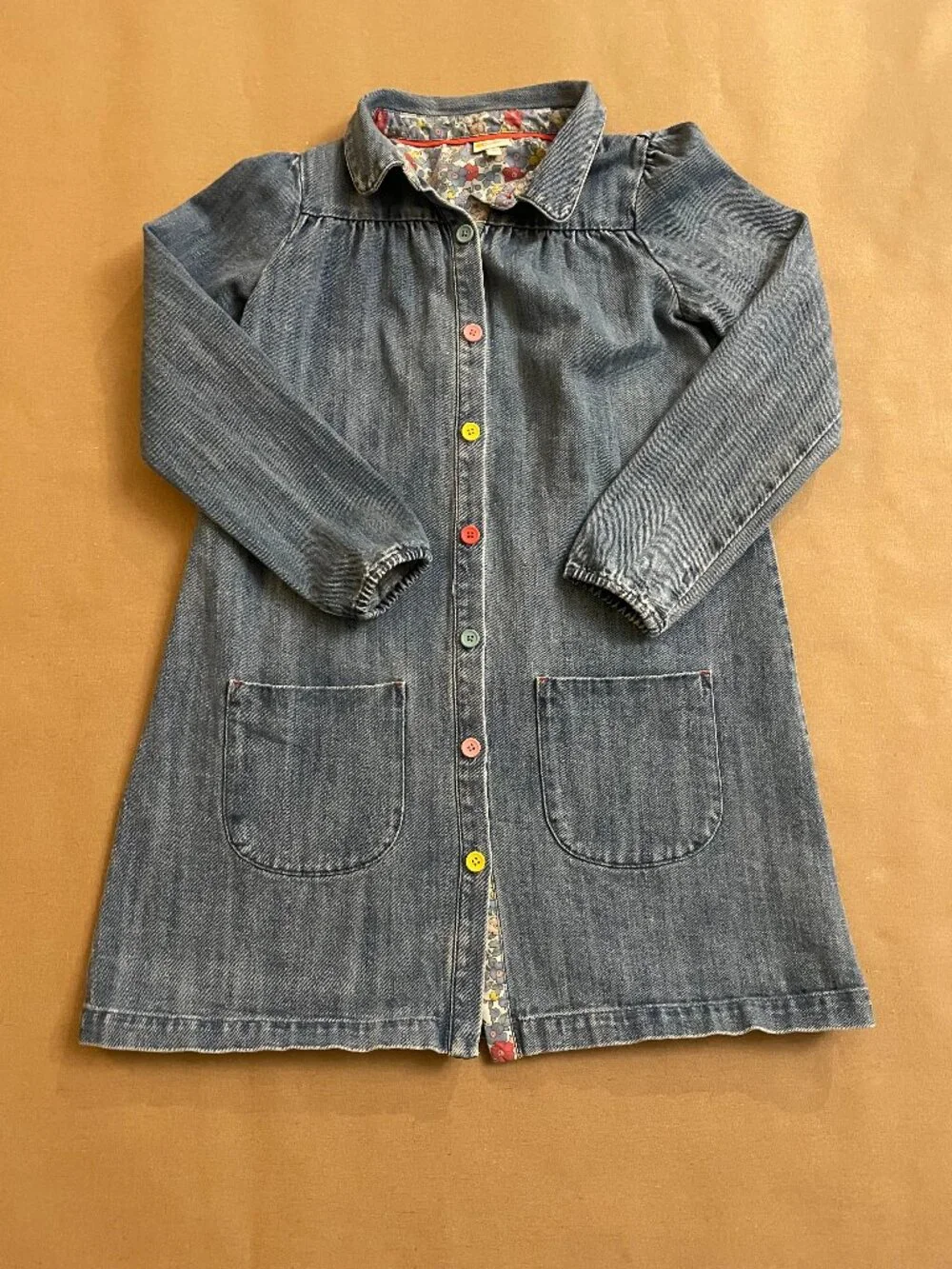 Mini Boden Dress Girls Size‎ 11-12 Denim Pockets Multi-Colored Buttons